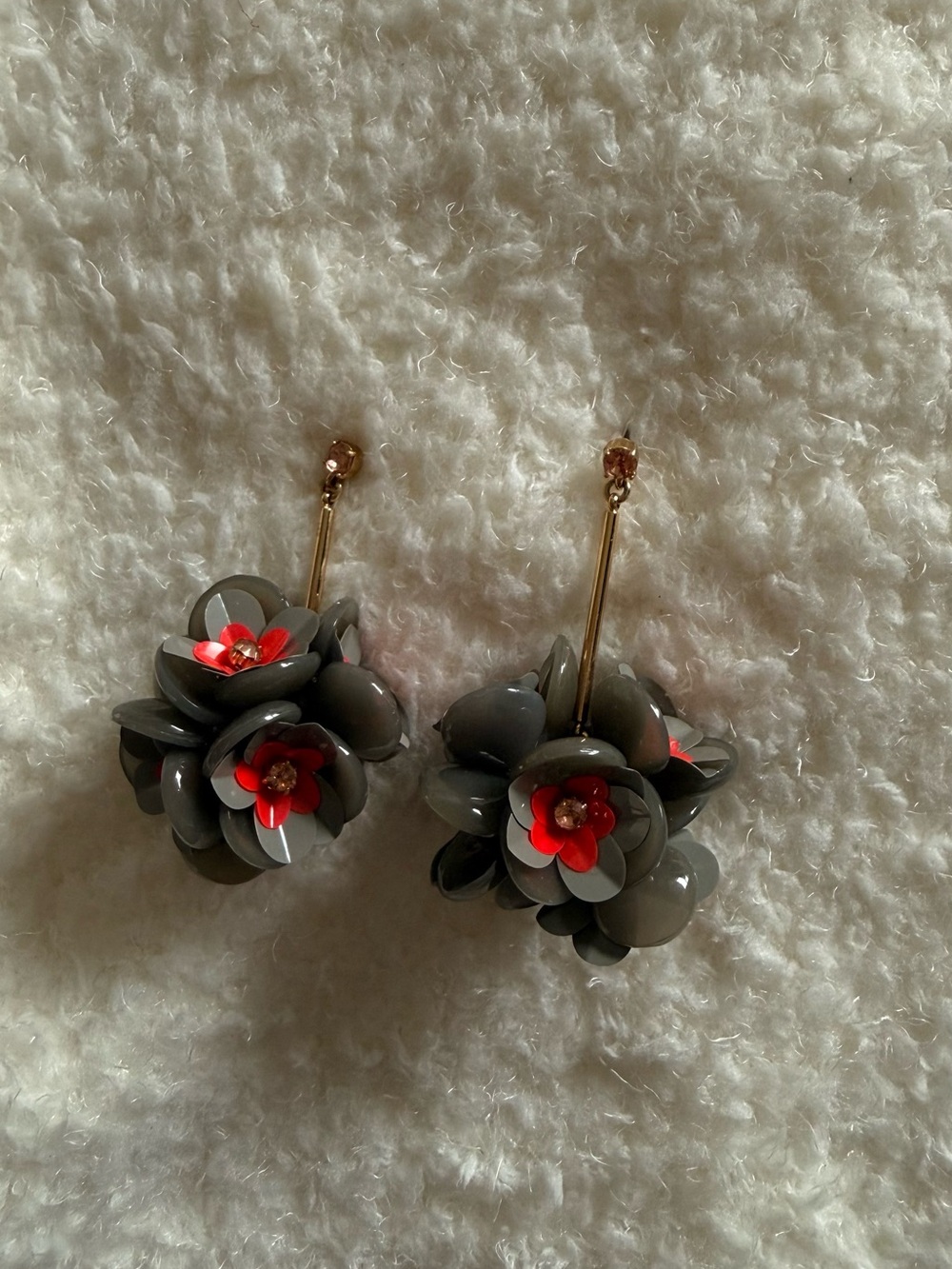 J. Crew Gray Floral Drop Earrings with Red Centers